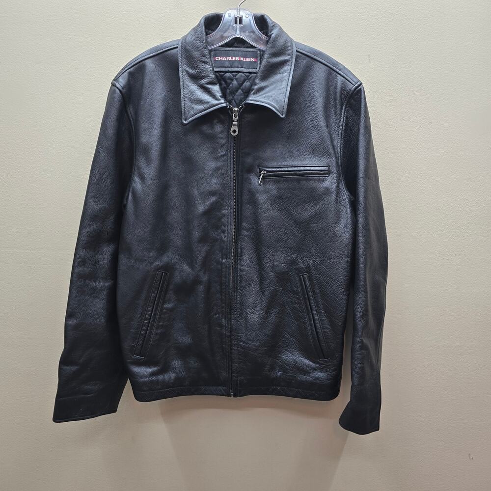 VTG Charles Klein Leather Zip Up Jacket Quilted Lined Classic Moto Black Small